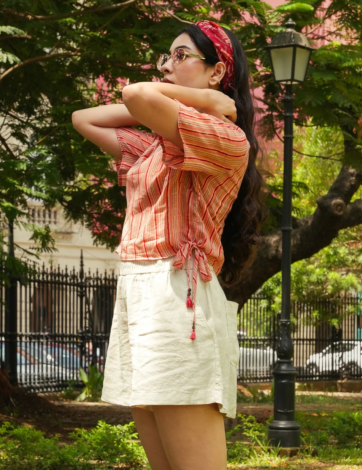 Peach Red-Beige Stripe V-Neck Side-Tie Crop Top