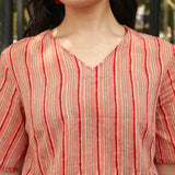 Peach Red-Beige Stripe V-Neck Side-Tie Crop Top
