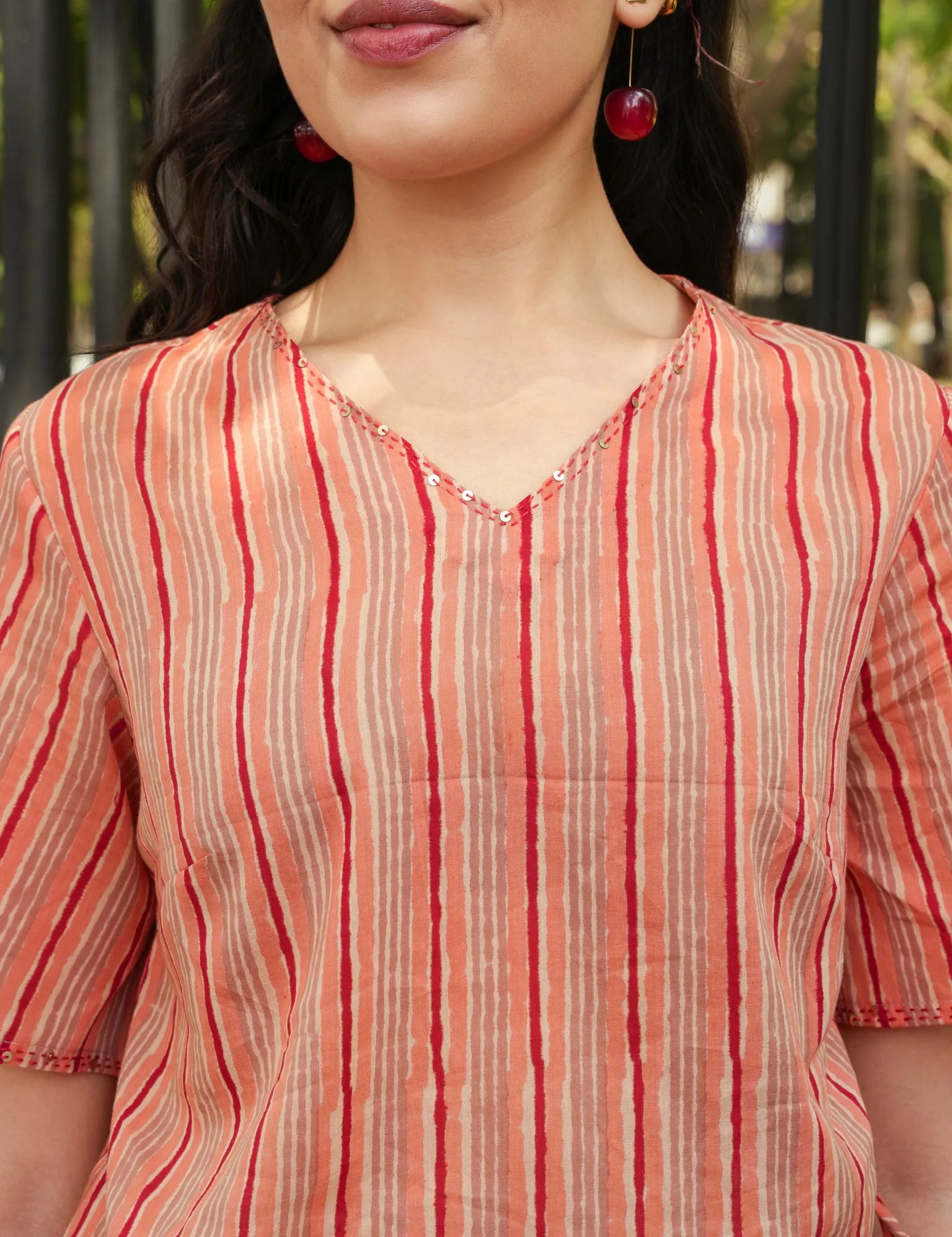 Peach Red-Beige Stripe V-Neck Side-Tie Crop Top
