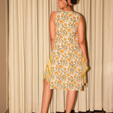 White & Yellow Cotton Block-Printed Crinkled Sleeveless Dress with Striped Inner