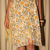 White & Yellow Cotton Block-Printed Crinkled Sleeveless Dress with Striped Inner