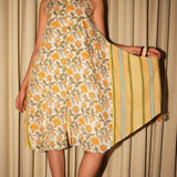 White & Yellow Cotton Block-Printed Crinkled Sleeveless Dress with Striped Inner