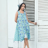 Blue Cotton Block Printed Sleeveless Crinkled Dress with Striped Inner