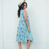 Blue Cotton Block Printed Sleeveless Crinkled Dress with Striped Inner