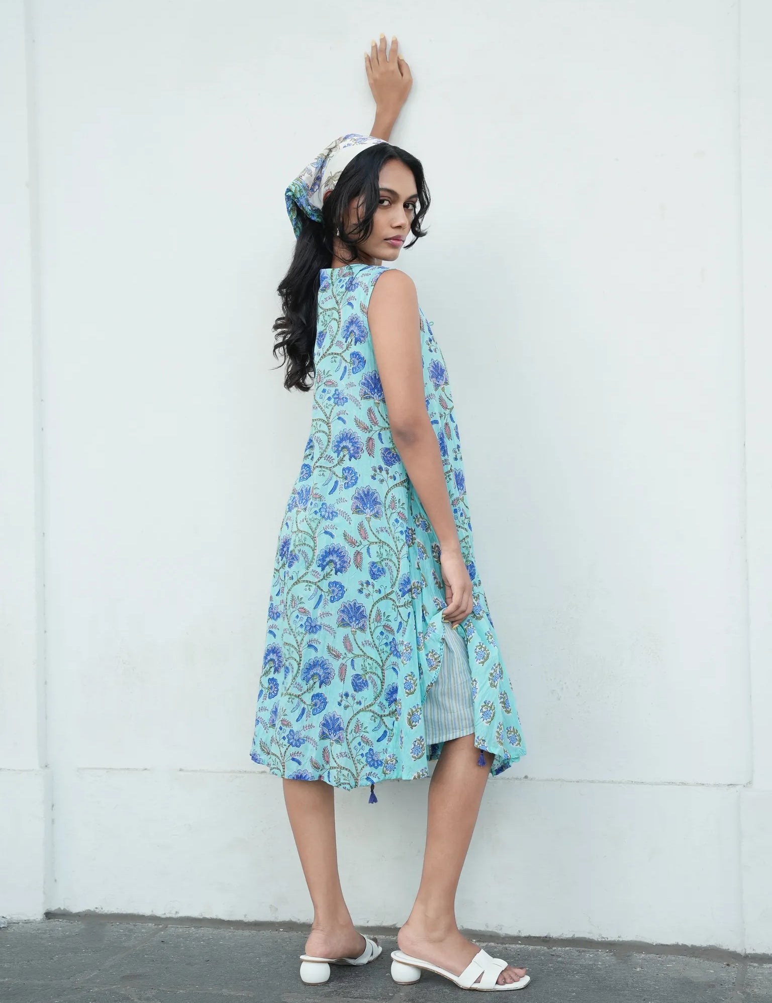 Blue Cotton Block Printed Sleeveless Crinkled Dress with Striped Inner