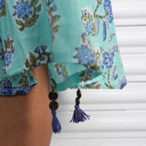 Blue Cotton Block Printed Sleeveless Crinkled Dress with Striped Inner