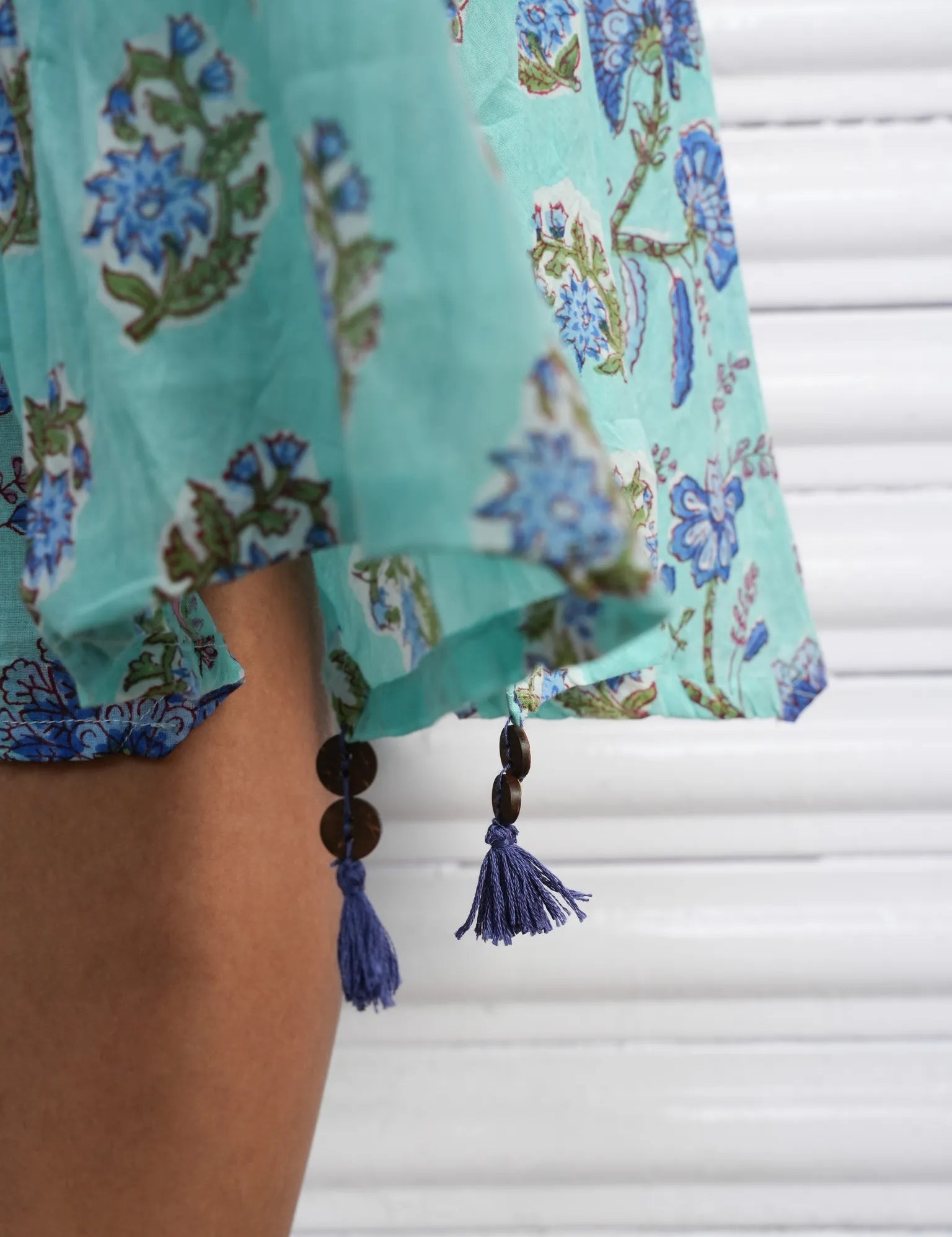 Blue Cotton Block Printed Sleeveless Crinkled Dress with Striped Inner