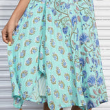 Blue Cotton Block Printed Sleeveless Crinkled Dress with Striped Inner