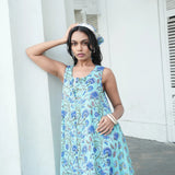Blue Cotton Block Printed Sleeveless Crinkled Dress with Striped Inner