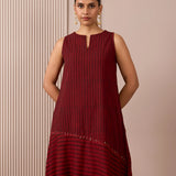 RA Studio Maroon Sleeveless Block Printed Dress with Vertical and Diagonal Stripes