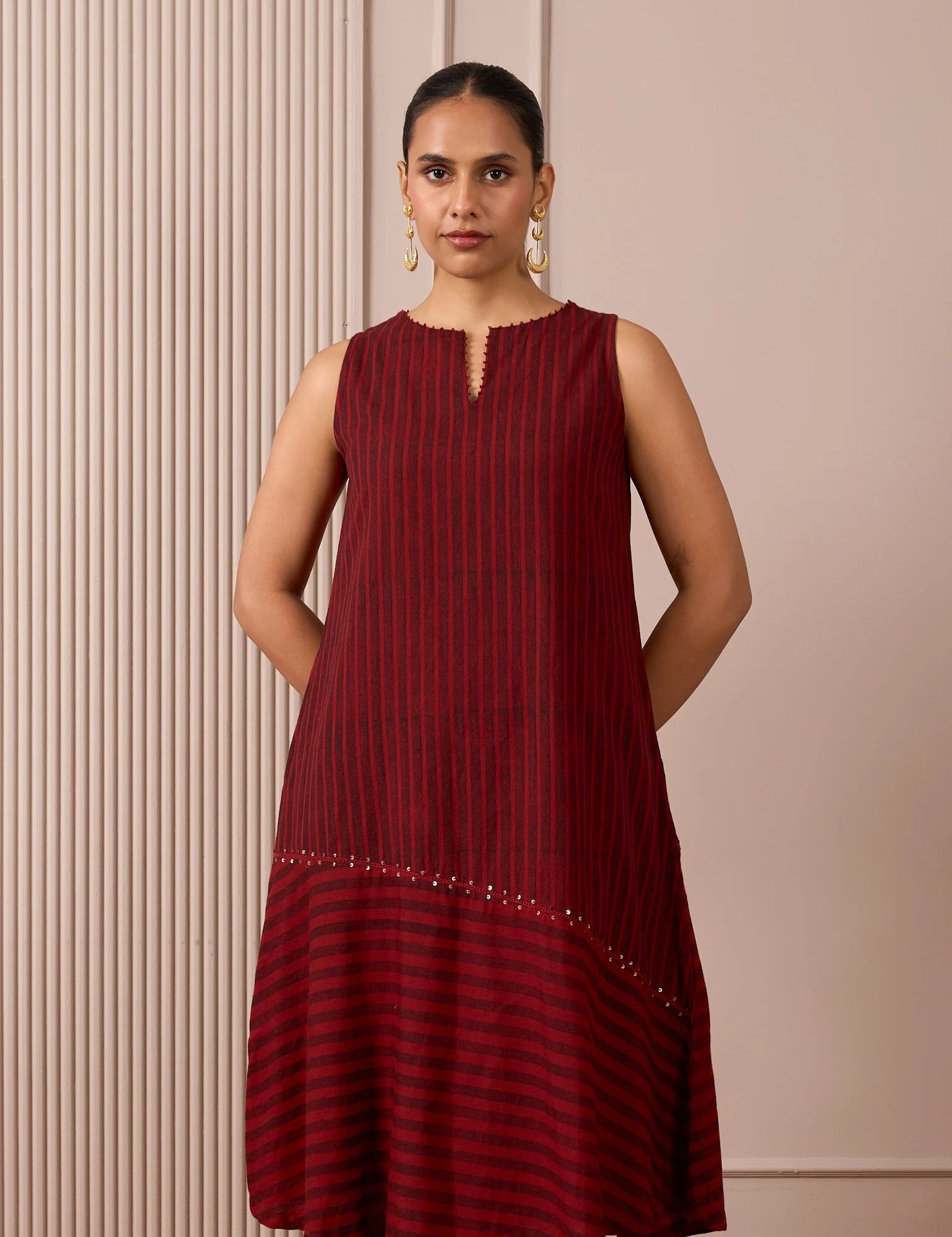 RA Studio Maroon Sleeveless Block Printed Dress with Vertical and Diagonal Stripes