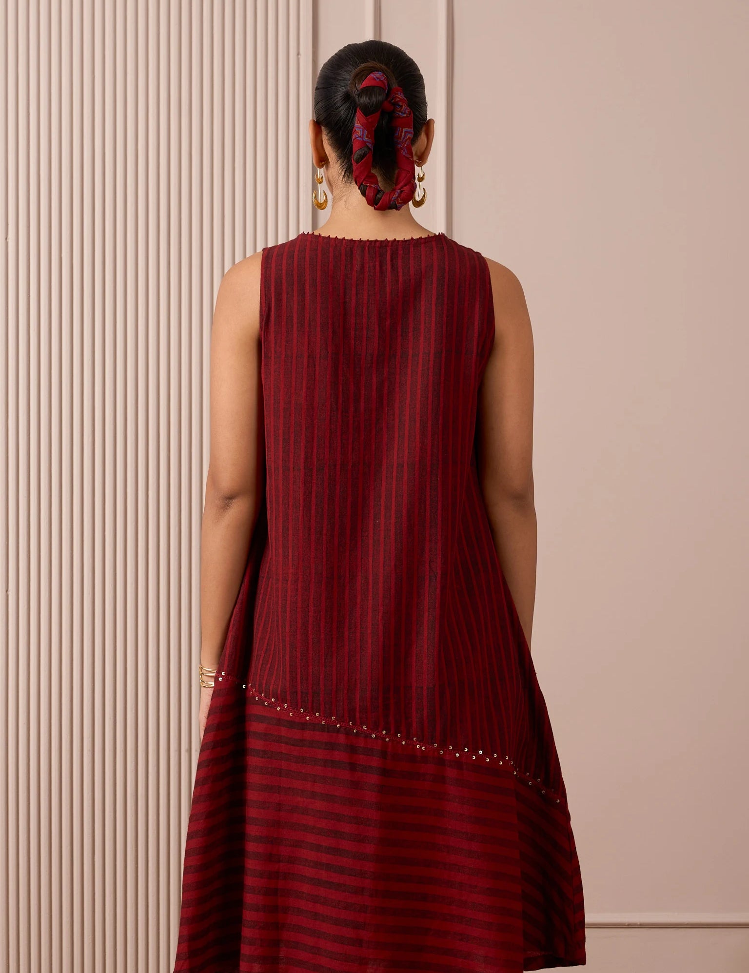 RA Studio Maroon Sleeveless Block Printed Dress with Vertical and Diagonal Stripes