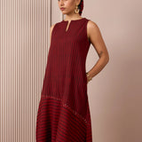 RA Studio Maroon Sleeveless Block Printed Dress with Vertical and Diagonal Stripes