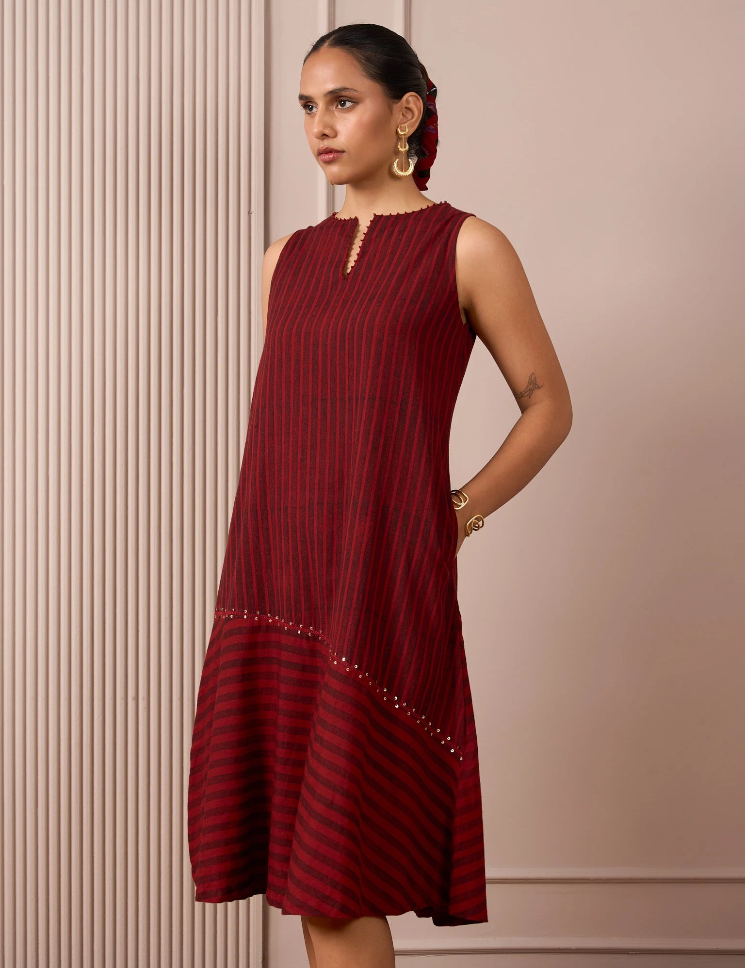RA Studio Maroon Sleeveless Block Printed Dress with Vertical and Diagonal Stripes