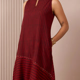 RA Studio Maroon Sleeveless Block Printed Dress with Vertical and Diagonal Stripes