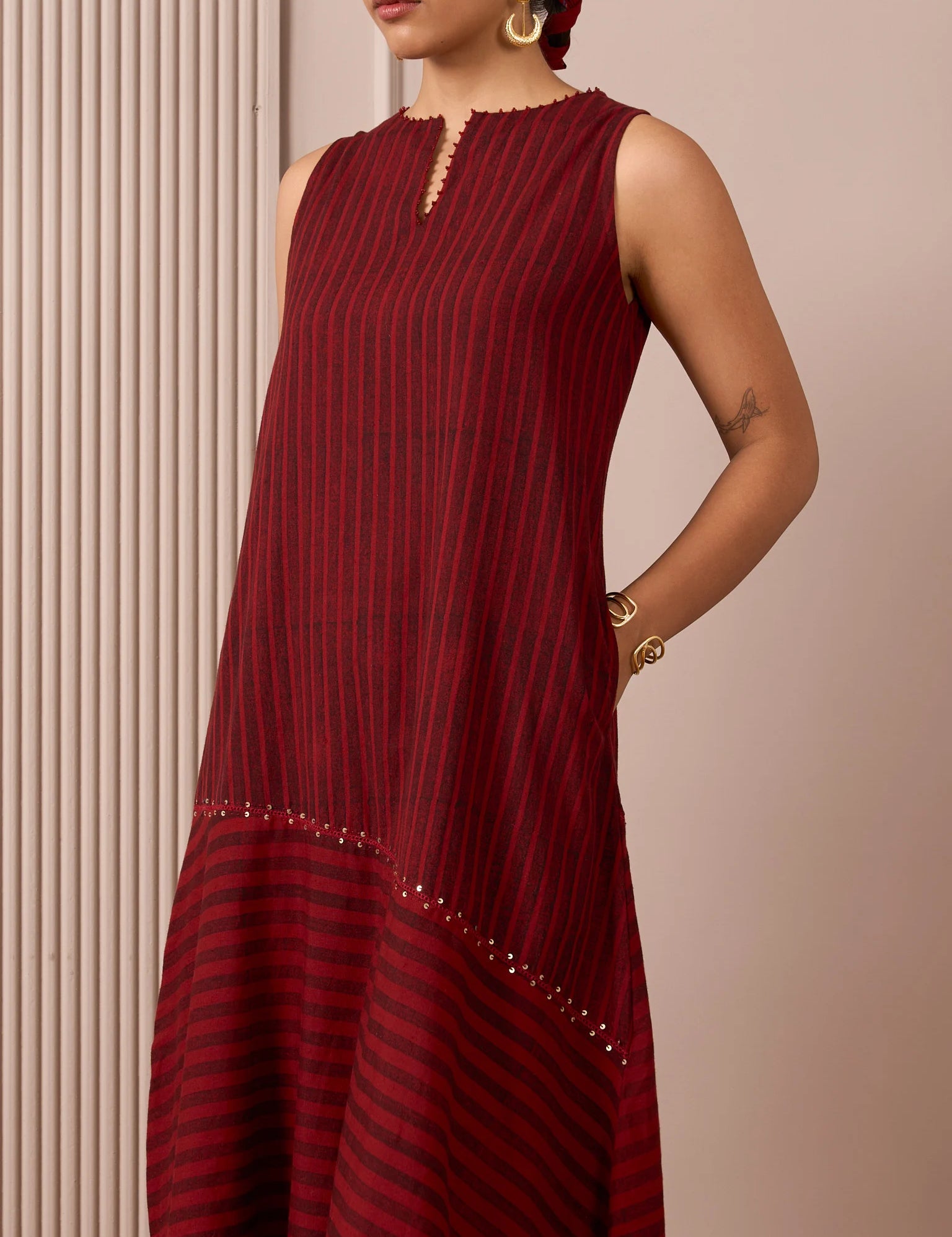 RA Studio Maroon Sleeveless Block Printed Dress with Vertical and Diagonal Stripes