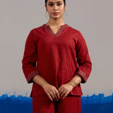 RA Studio Maroon Gold Dot Block Print Princess Line cut, V-Neck Tunic with Full Sleeves