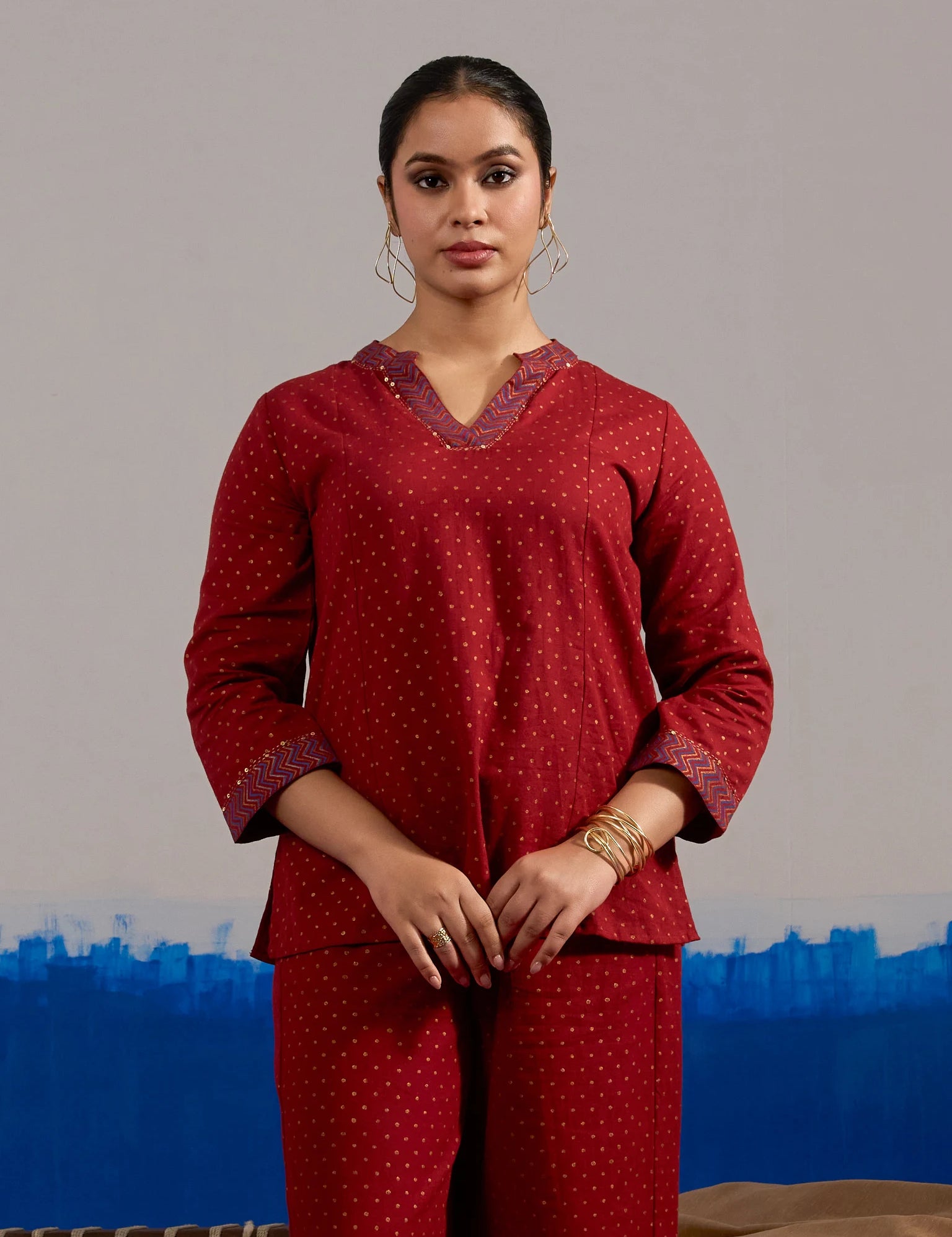 RA Studio Maroon Gold Dot Block Print Princess Line cut, V-Neck Tunic with Full Sleeves