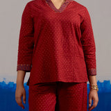 RA Studio Maroon Gold Dot Block Print Princess Line cut, V-Neck Tunic with Full Sleeves
