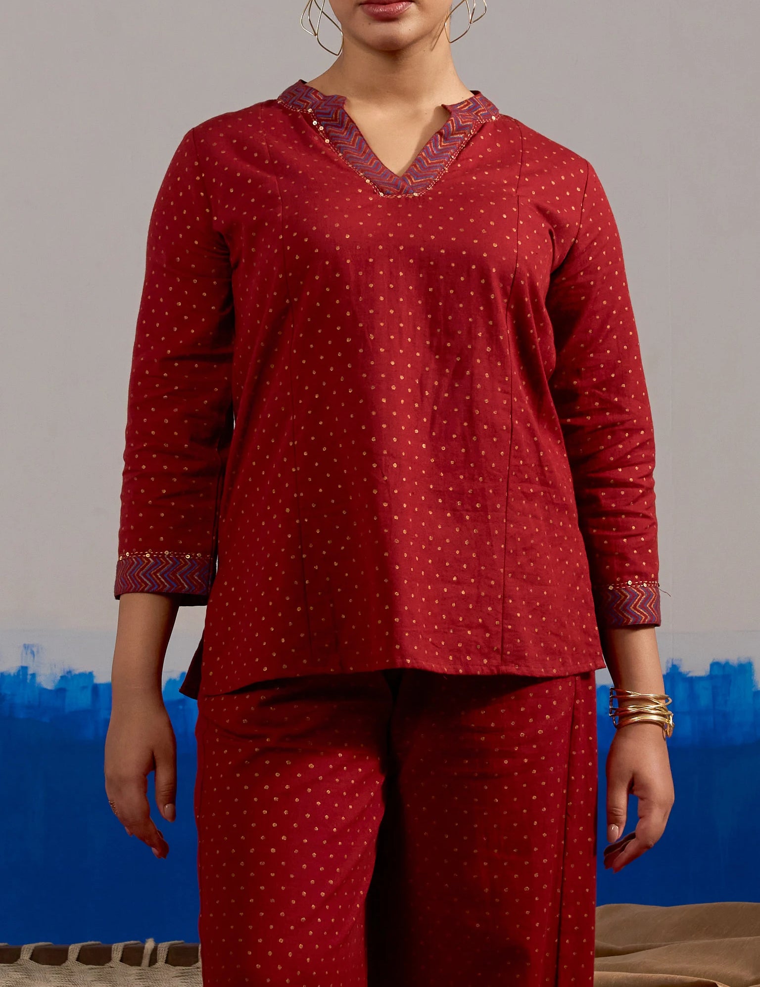 RA Studio Maroon Gold Dot Block Print Princess Line cut, V-Neck Tunic with Full Sleeves
