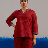 RA Studio Maroon Gold Dot Block Print Princess Line cut, V-Neck Tunic with Full Sleeves