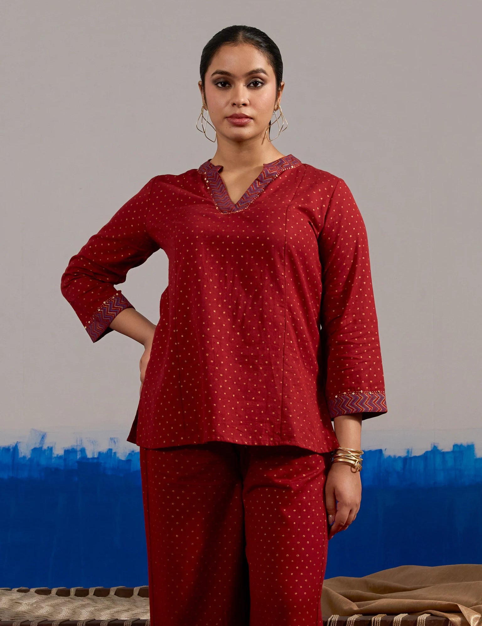 RA Studio Maroon Gold Dot Block Print Princess Line cut, V-Neck Tunic with Full Sleeves