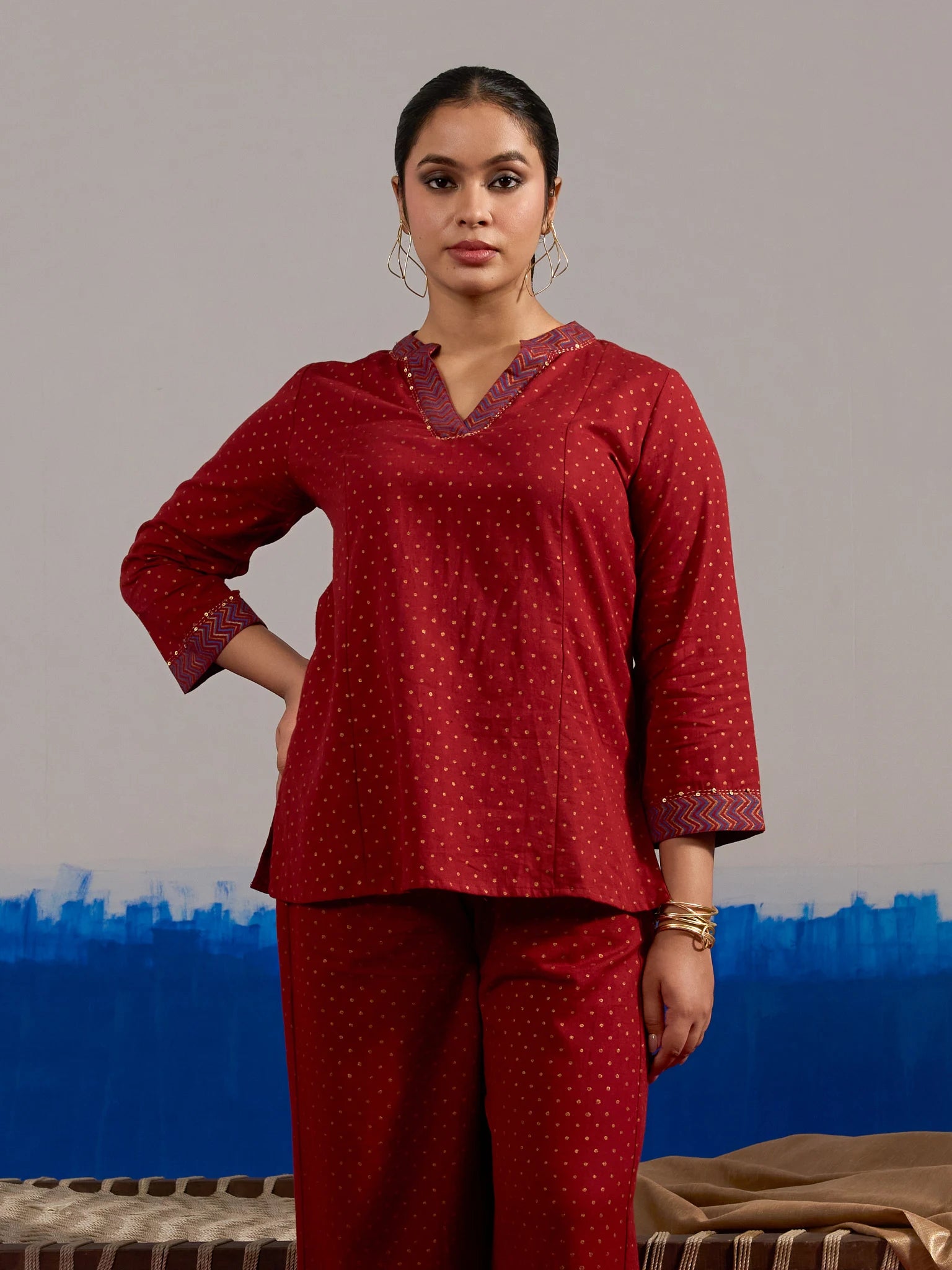 RA Studio Maroon Gold Dot Block Print Princess Line cut, V-Neck Tunic with Full Sleeves