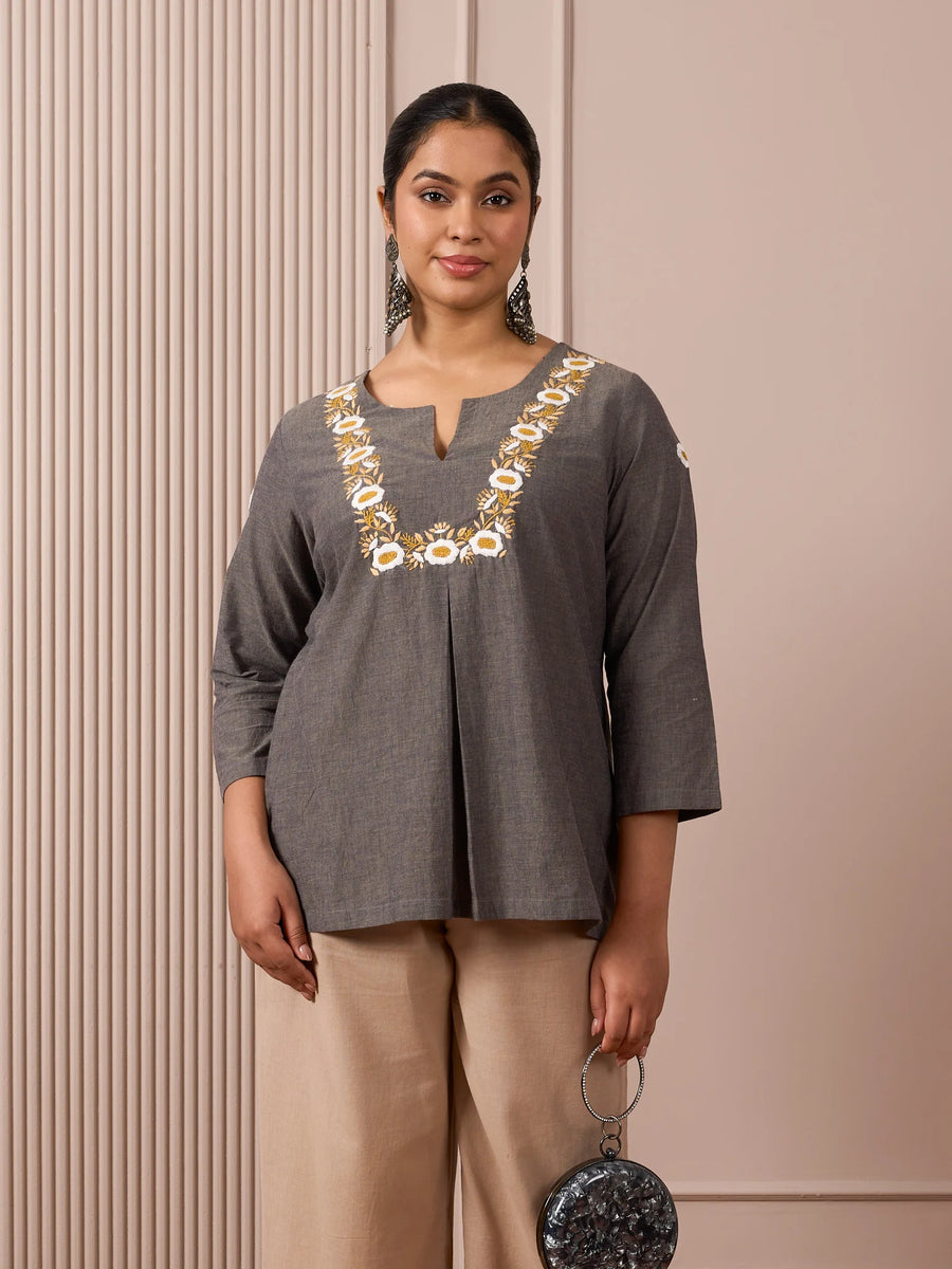 Dark grey Mangalgiri floral embroidery