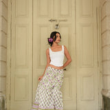 Sanganeri Block-Print 3-Tier Cotton Skirt in Purple, Green & White