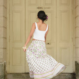 Sanganeri Block-Print 3-Tier Cotton Skirt in Purple, Green & White