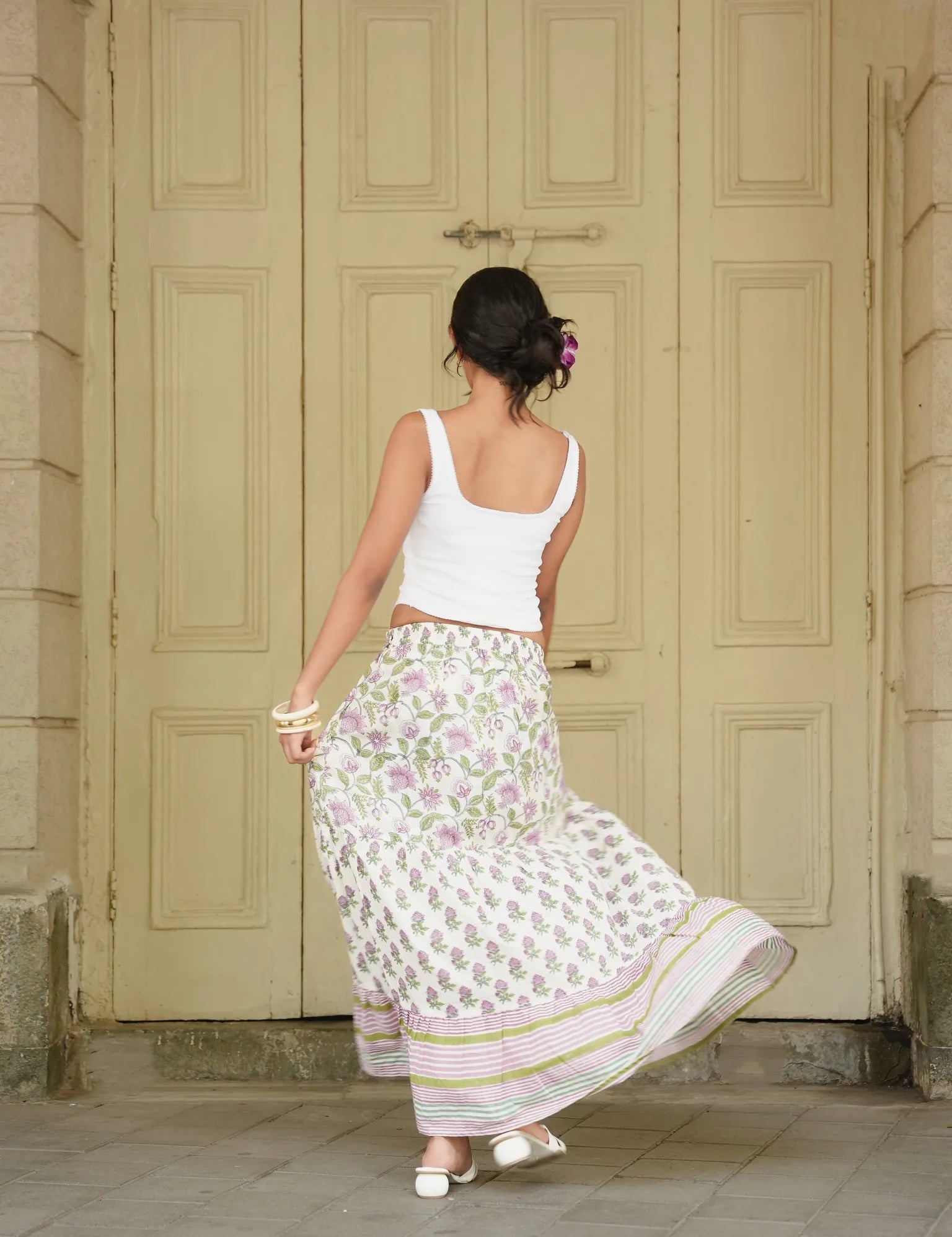 Sanganeri Block-Print 3-Tier Cotton Skirt in Purple, Green & White