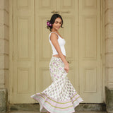 Sanganeri Block-Print 3-Tier Cotton Skirt in Purple, Green & White