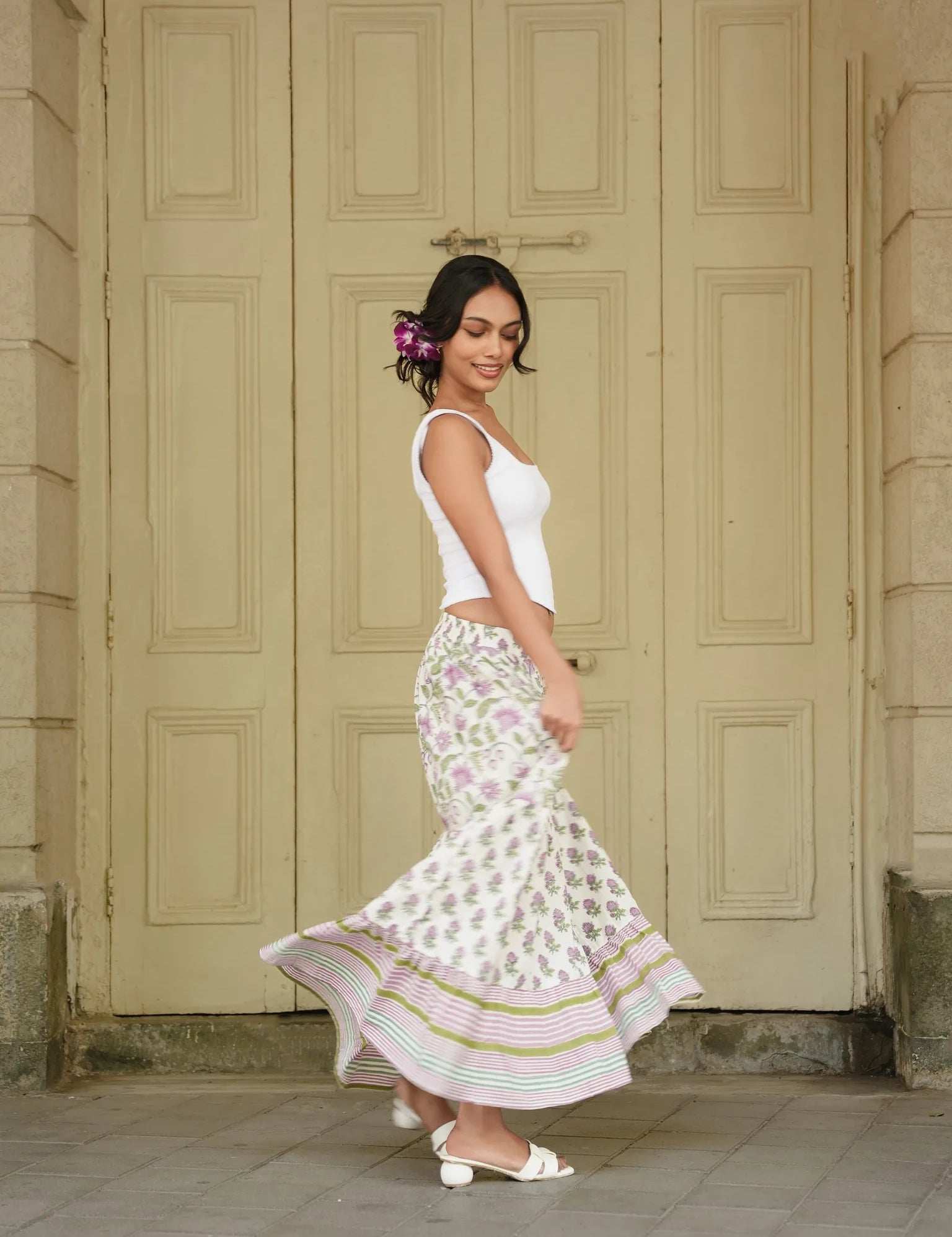 Sanganeri Block-Print 3-Tier Cotton Skirt in Purple, Green & White
