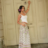 Sanganeri Block-Print 3-Tier Cotton Skirt in Purple, Green & White