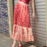 Peach Cotton 3-Tier Gather Skirt in Sanganeri Block Print (Beige & Red)