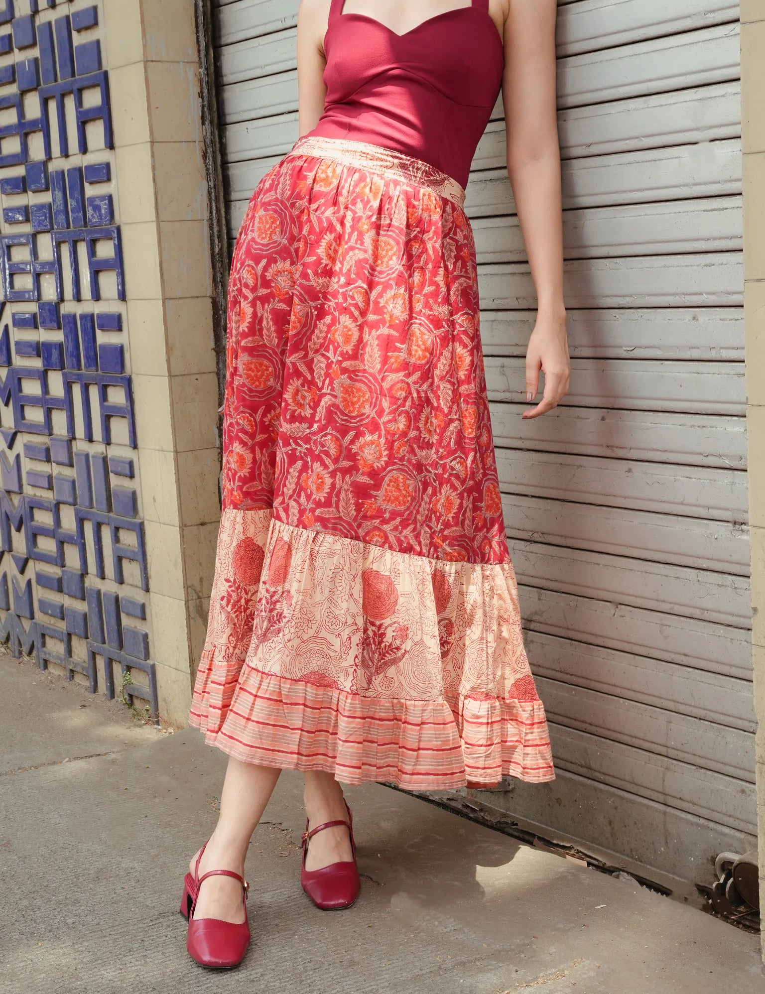 Peach Cotton 3-Tier Gather Skirt in Sanganeri Block Print (Beige & Red)