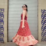 Peach Cotton 3-Tier Gather Skirt in Sanganeri Block Print (Beige & Red)