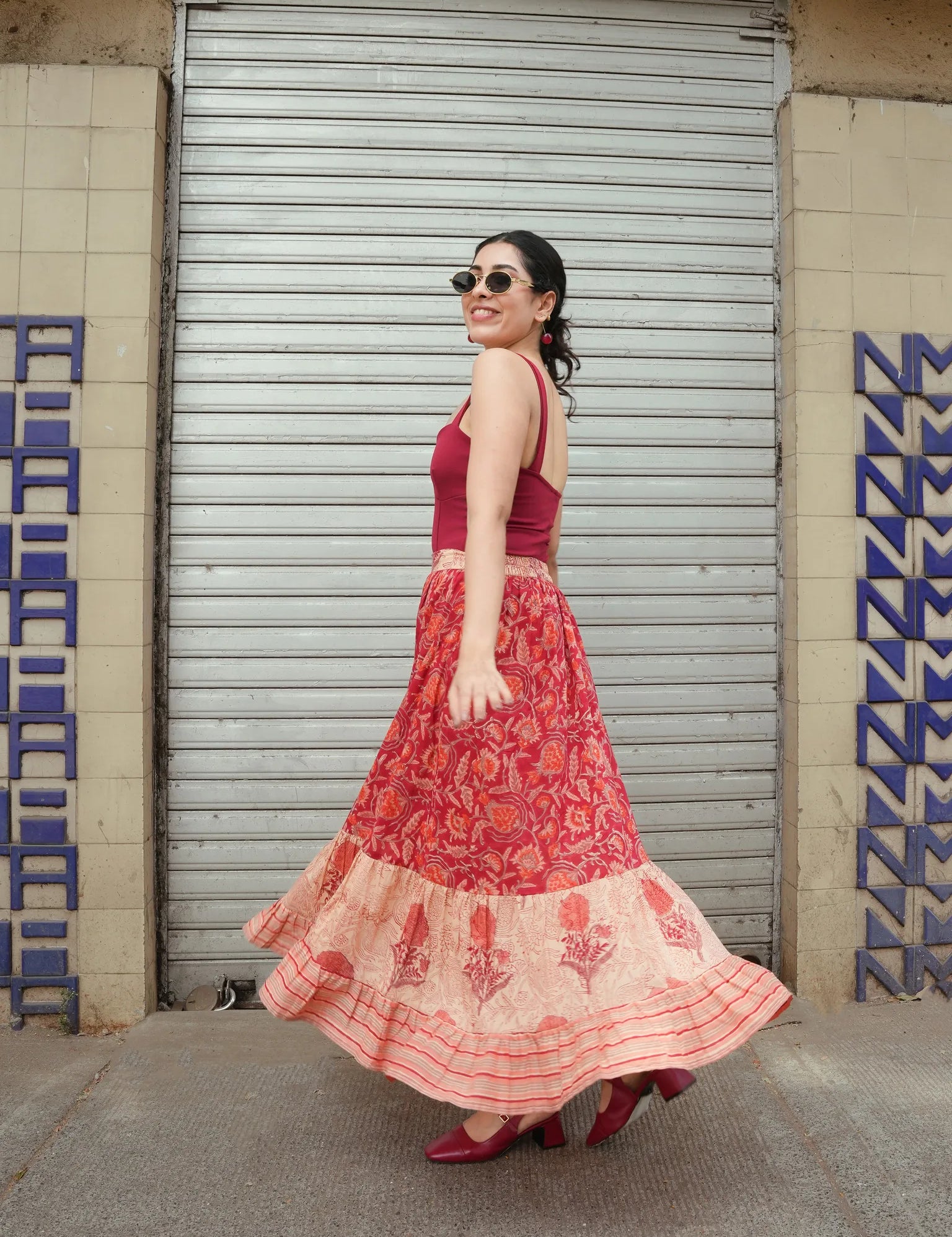 Peach Cotton 3-Tier Gather Skirt in Sanganeri Block Print (Beige & Red)