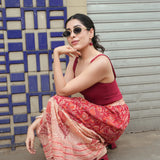 Peach Cotton 3-Tier Gather Skirt in Sanganeri Block Print (Beige & Red)