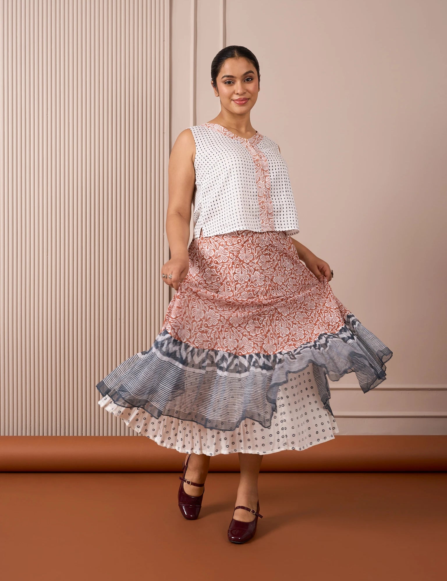 RA Studio Rust Red Mulmul Skirt with Blue Border & Cotton Inner