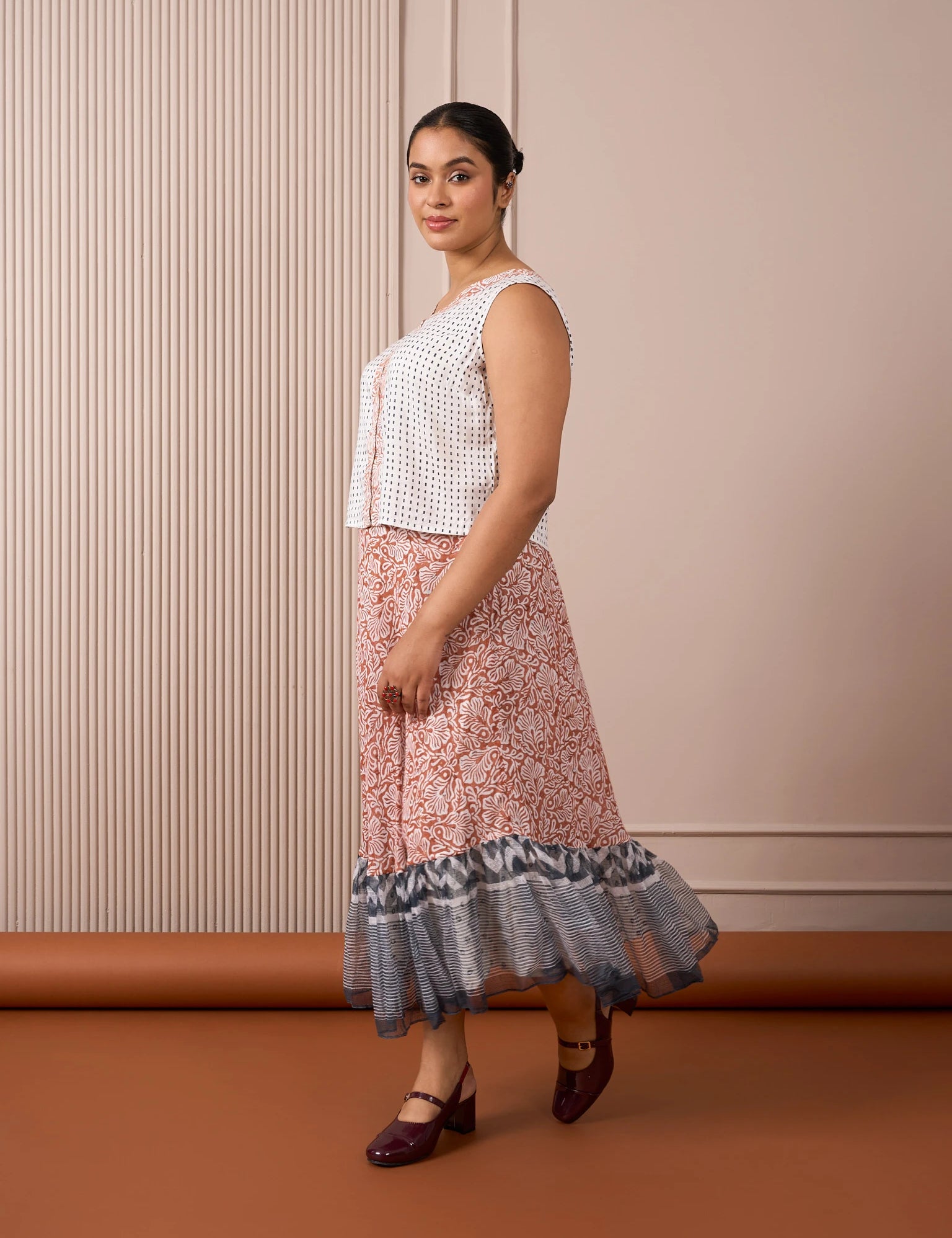 RA Studio Rust Red Mulmul Skirt with Blue Border & Cotton Inner