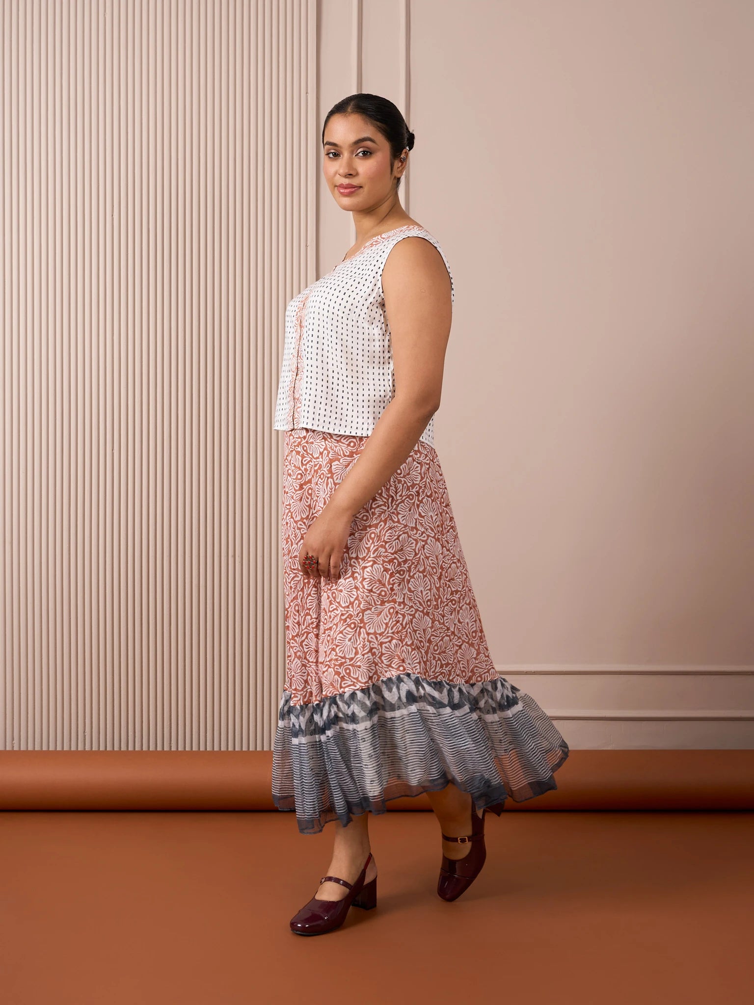 RA Studio Rust Red Mulmul Skirt with Blue Border & Cotton Inner