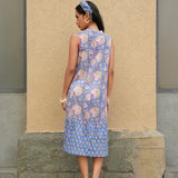 Cobalt Blue Sanganeri Block-Printed Cotton Sleeveless Dress with Pink Floral Jaal and Sequin-Pleated Neck