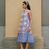 Cobalt Blue Sanganeri Block-Printed Cotton Sleeveless Dress with Pink Floral Jaal and Sequin-Pleated Neck