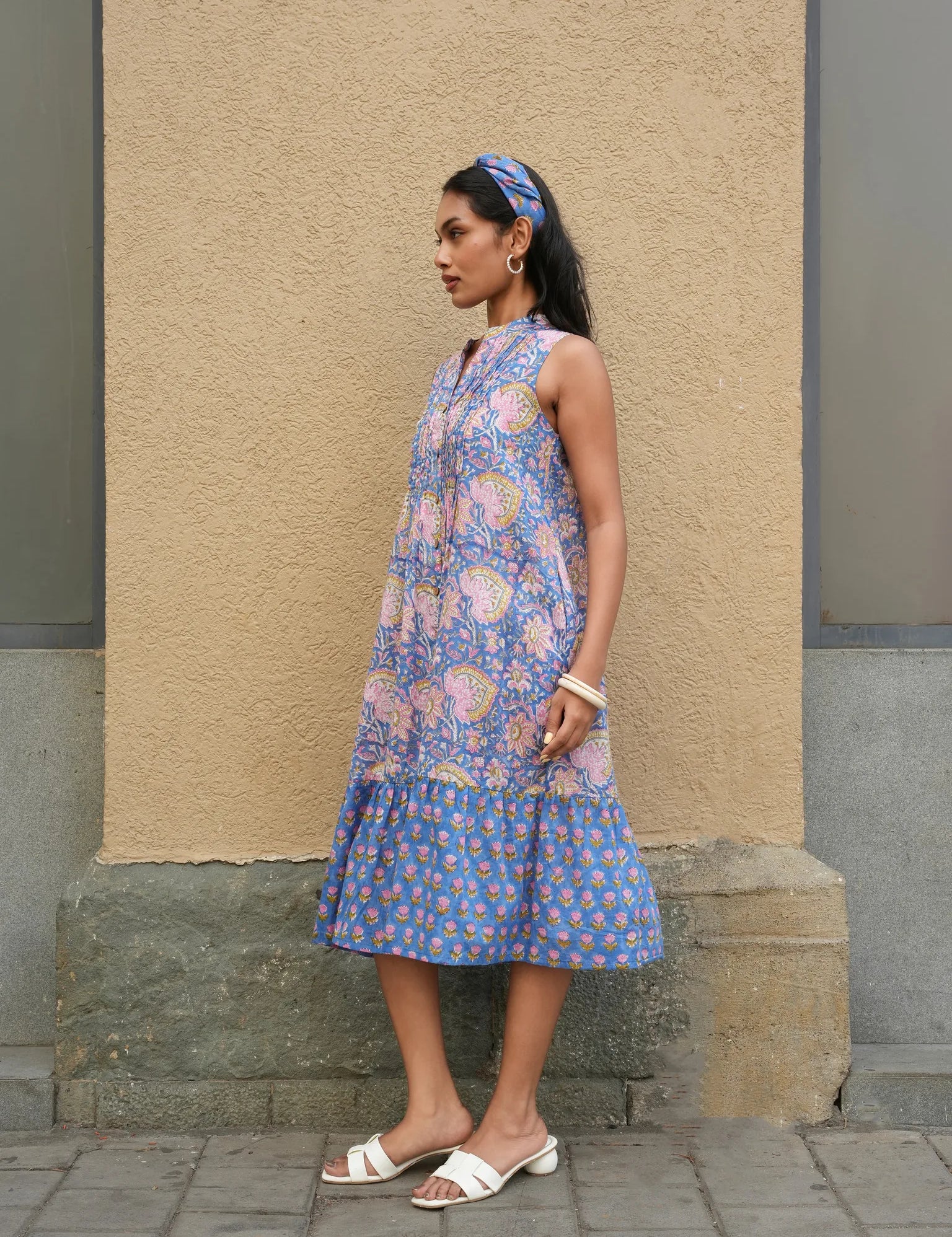 Cobalt Blue Sanganeri Block-Printed Cotton Sleeveless Dress with Pink Floral Jaal and Sequin-Pleated Neck
