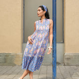 Cobalt Blue Sanganeri Block-Printed Cotton Sleeveless Dress with Pink Floral Jaal and Sequin-Pleated Neck