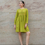 Green Mangalgiri Cotton Knee-Length Tunic Dress with Mirror Hand Embroidery and Tie Neck