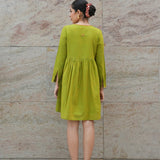 Green Mangalgiri Cotton Knee-Length Tunic Dress with Mirror Hand Embroidery and Tie Neck