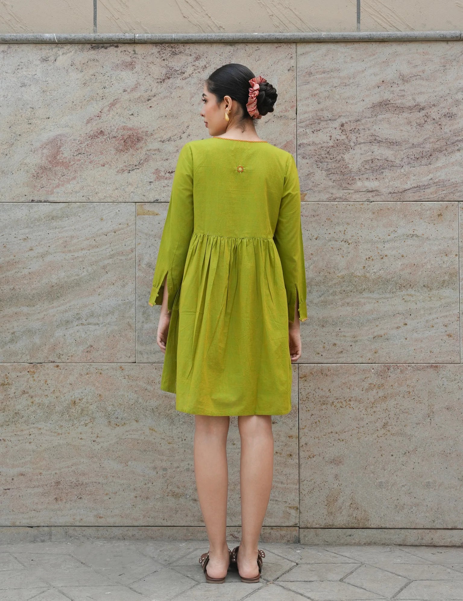 Green Mangalgiri Cotton Knee-Length Tunic Dress with Mirror Hand Embroidery and Tie Neck