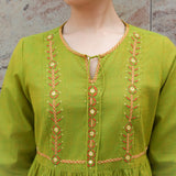 Green Mangalgiri Cotton Knee-Length Tunic Dress with Mirror Hand Embroidery and Tie Neck
